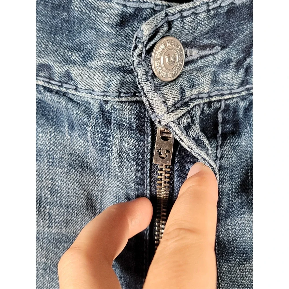 True Religion Moto Slim Big T Jeans Mens 38x32 Blue Biker Distressed Y2K Stretch